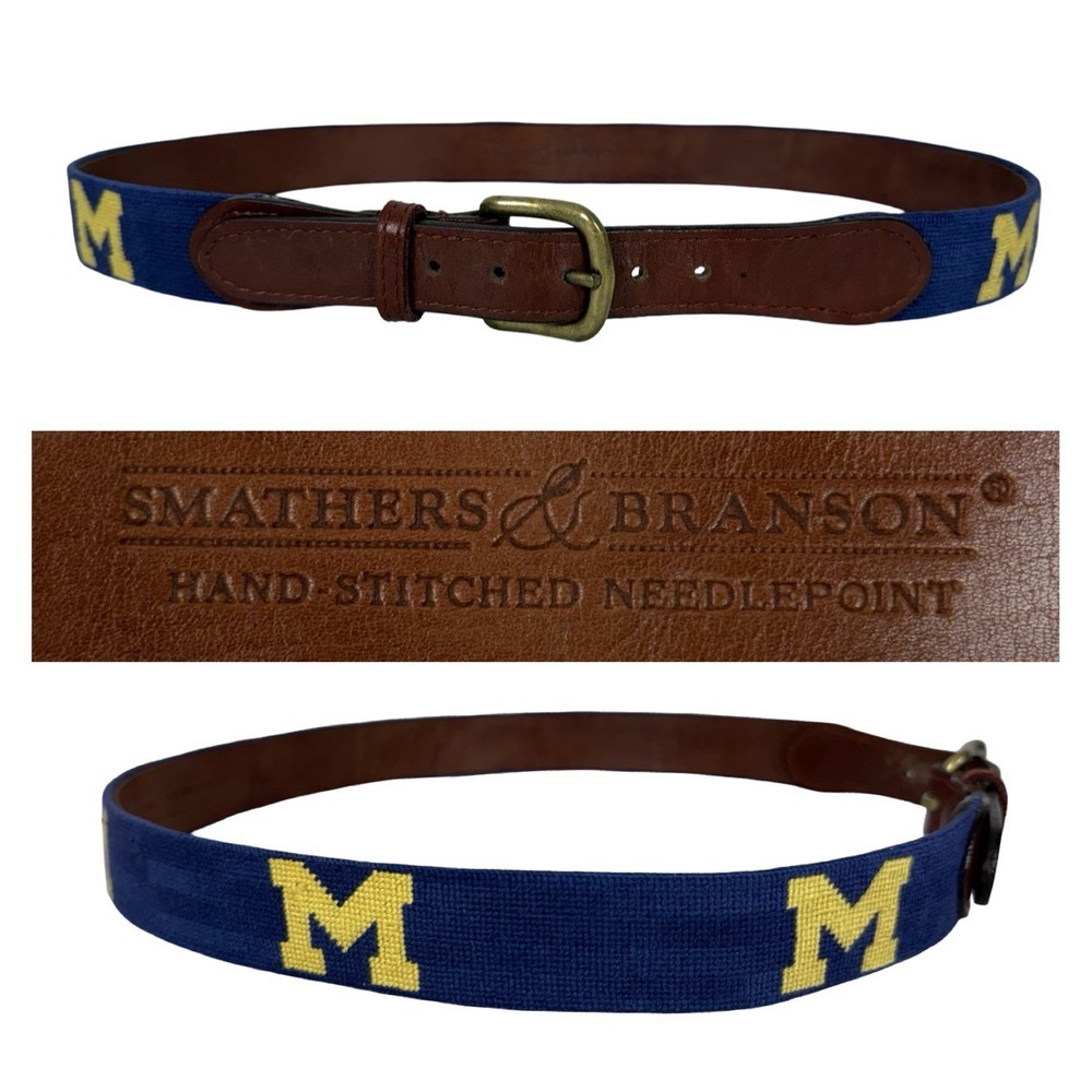 Smathers & Branson Hand Stitched Needlepoint Michigan Belt Mens 36 Solid Brass